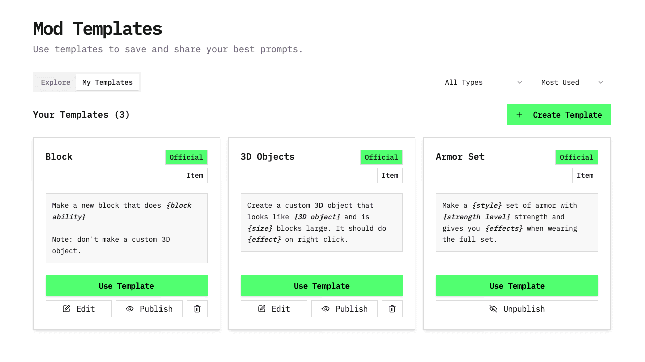 Templates page overview