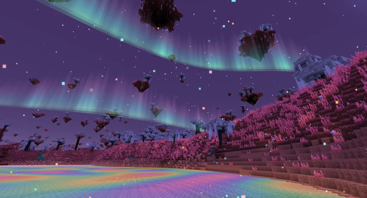 Auroras and floating islands over pink meadows, white willows and a rainbow ichor lake in the Swift