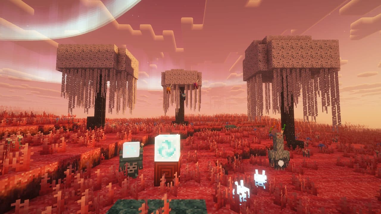 The same meadow at dusk, under a rose-coloured sky with a faint aurora