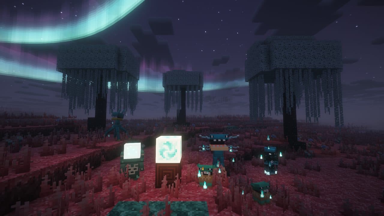 The same meadow at night under the aurora: soul corrupted monsters wreathed in soul fire close in on the echo golem