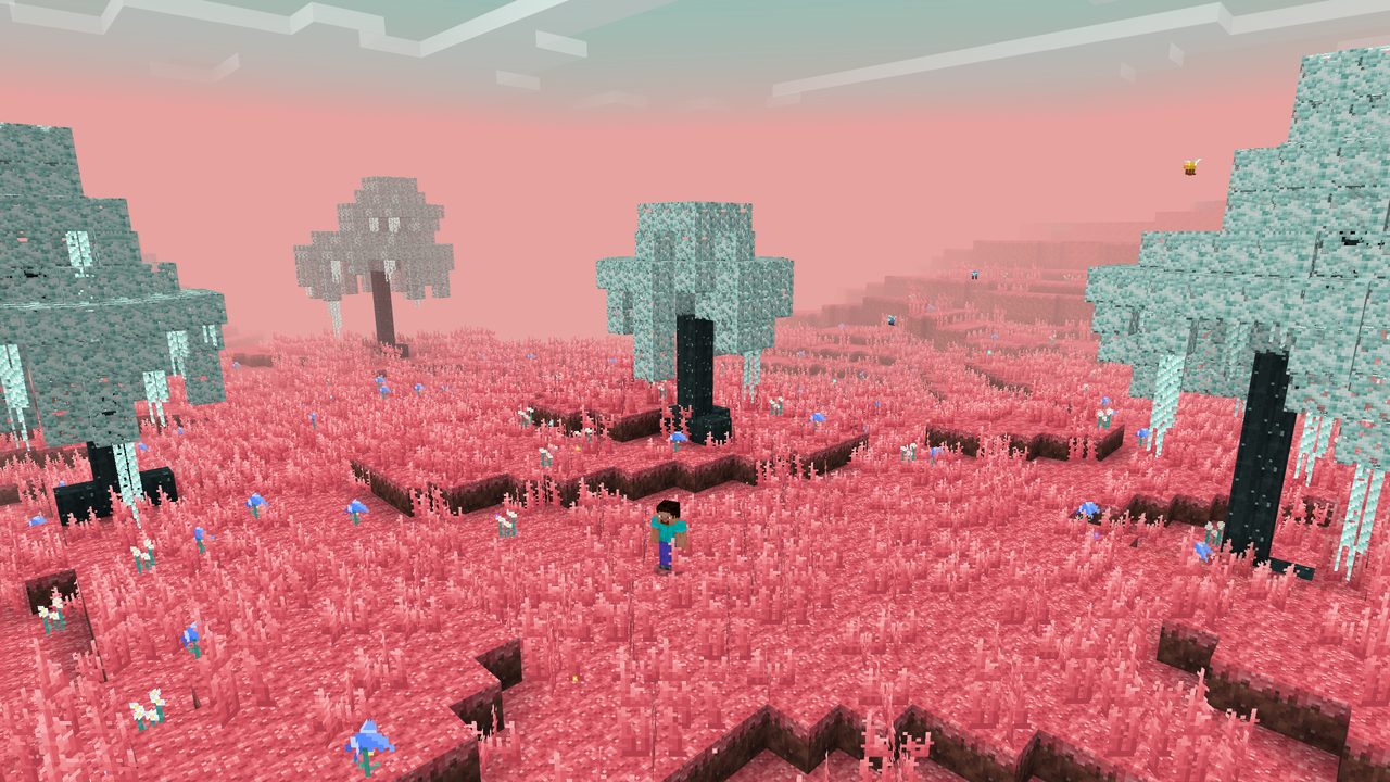 Explore coral-pink meadows and pale white willows. Captured in the Bedrock Windows client.
